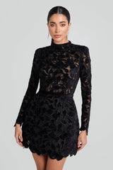 Long-Sleeved Zippered Lace Mini Dress in Black