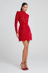 Long-Sleeved Zippered Lace Mini Dress in Red