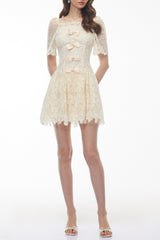 Square Neck Lace Mini Dress - White