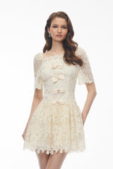 Square Neck Lace Mini Dress - White
