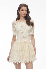 Square Neck Lace Mini Dress - White