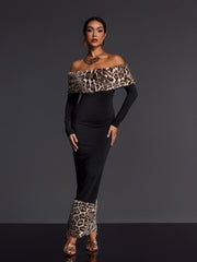 Off Shoulder Furry Maxi Dress in Black