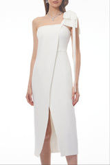 Estelle White Off Shoulder Satin Midi Dress with Bow