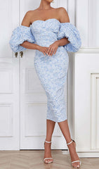 PUFF SLEEVE MIDI DRESS IN SKY BLUE