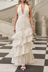 White Deep V-Neck Ruffle Trim Maxi Dress
