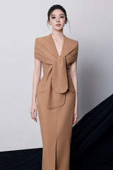 V-Neck Midi Dress in Brown