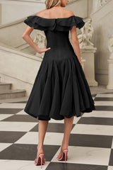 Off Shoulder Ruffle Midi Dress In black