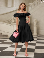 Off Shoulder Ruffle Midi Dress In black