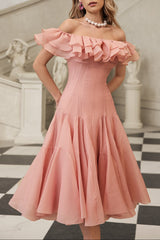 Off Shoulder Ruffle Midi Dress In Pink