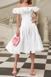 Off Shoulder Ruffle Midi Dress In White