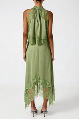Sleeveless Lace Top & Midi Skirt Set - Green