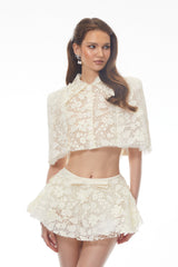 Cream Floral Embroidered Cape & Skirt Set
