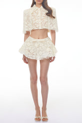 Cream Floral Embroidered Cape & Skirt Set