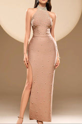 Halter Embellished Maxi Dress in Nude