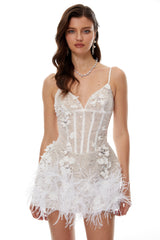 White 3D Sequin Mini Dress with Feather Trim