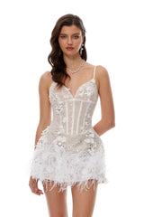 White 3D Sequin Mini Dress with Feather Trim