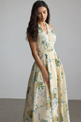 Floral Print Deep V Neck Midi Dress in Yellow