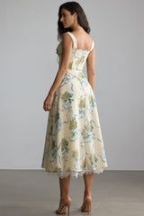 Floral Print Sweetheart Midi Dress in Yellow