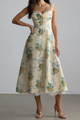 Floral Print Sweetheart Midi Dress in Yellow