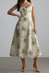 Floral Print Sweetheart Midi Dress in Yellow