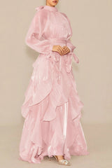 Puff Sleeve Ruffle Trim Maxi Dress in Pink