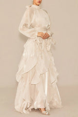 Puff Sleeve Ruffle Trim Maxi Dress in Apricot