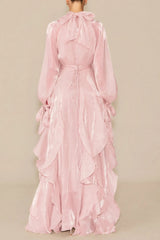 Puff Sleeve Ruffle Trim Maxi Dress in Pink
