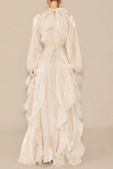 Puff Sleeve Ruffle Trim Maxi Dress in Apricot