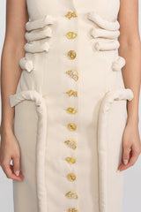Midi Dress With Sculptural Knotted Bodice Detail And Jewel Buttons - Cream