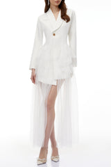 White Blazer Maxi Dress with Ruffled Tulle