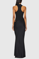 Asymmetrical Cutout Satin Maxi Dress - Black