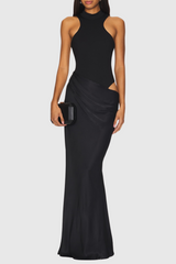 Asymmetrical Cutout Satin Maxi Dress - Black