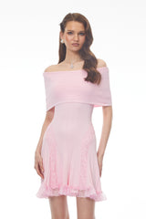 Pink Off Shoulder Mini Dress with Lace Details