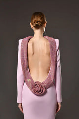 Pink Crepe Maxi Dress with Crystal Chainmail Flower