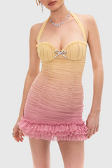 Halter Mesh Gradient Rushed Mini Dress - Yellow