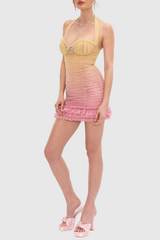 Halter Mesh Gradient Rushed Mini Dress - Yellow