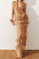 Multi-layered Ruffles Maxi Dress in Brown