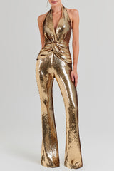 Gold Sequin Deep V High Waist Jumpsuit