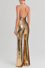 Gold Sequin Deep V High Waist Jumpsuit