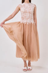 Sequin Lace Patchwork Mesh Maxi Dress in Brown