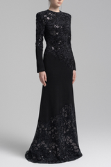 Black Lace Embroidered Long Sleeve Maxi Dress