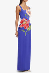 Square Neck Flower Embroidery Satin Maxi Dress in Blue