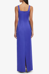 Square Neck Flower Embroidery Satin Maxi Dress in Blue