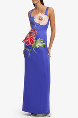Square Neck Flower Embroidery Satin Maxi Dress in Blue