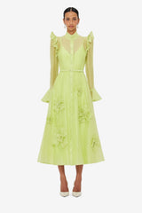 3D Flower Sleeve Midi Dress - Chartreuse