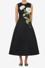 Floral Print Embellished Sleeveless Midi Dress in Black