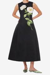 Floral Print Embellished Sleeveless Midi Dress in Black