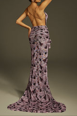 Backless Printed High Low Maxi Dress in Purple