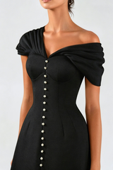 Off Shoulder Buttoned Mini Dress - Black