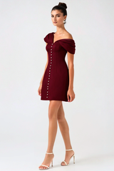 Off Shoulder Buttoned Mini Dress - Wine